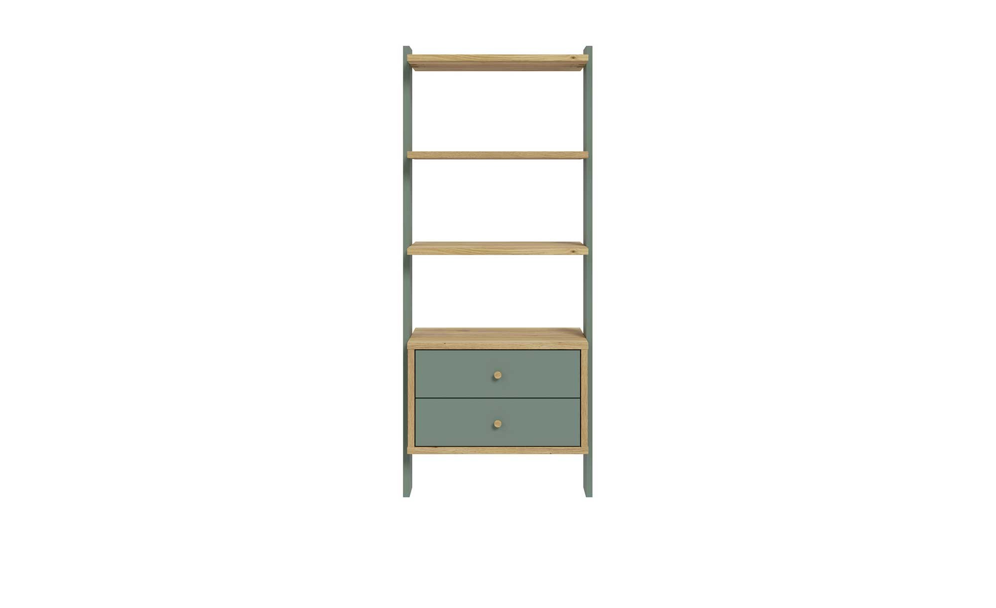 Regal Winston in der Farbkombi Mauvella oak / Salbeigrün, mit 2 Schubkästen und 1 Ablage, Frontansicht