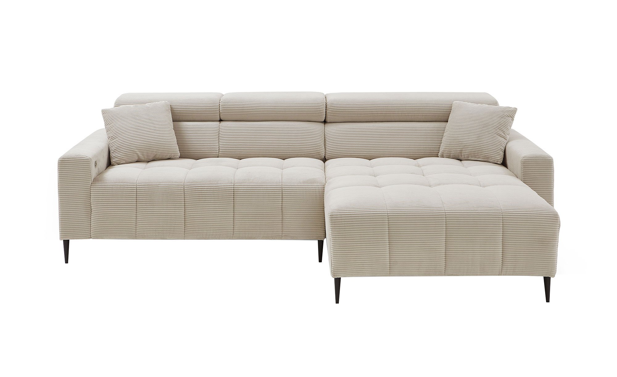 Wohnlandschaft Sally mit Ottomane rechts und einem Cordbezug in der Farbe Taupe