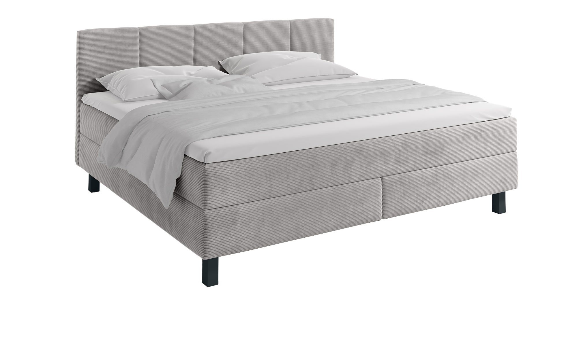 Komfort-Boxspringbett Standard Evo in einem Silbernen Cordstoff bezogen.