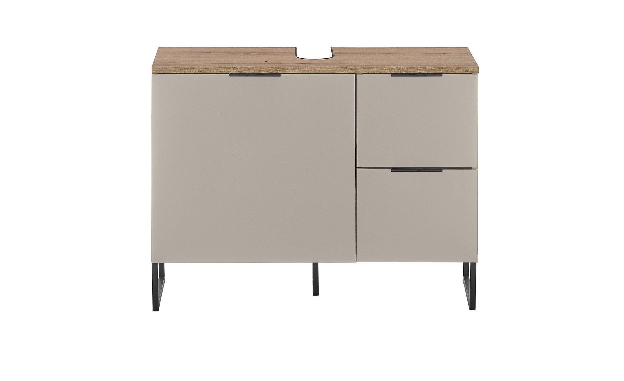 Waschbeckenunterschrank Djerba, in der Farbausführung Kaschmier Tiefzieh / Evoke Eiche, Frontansicht