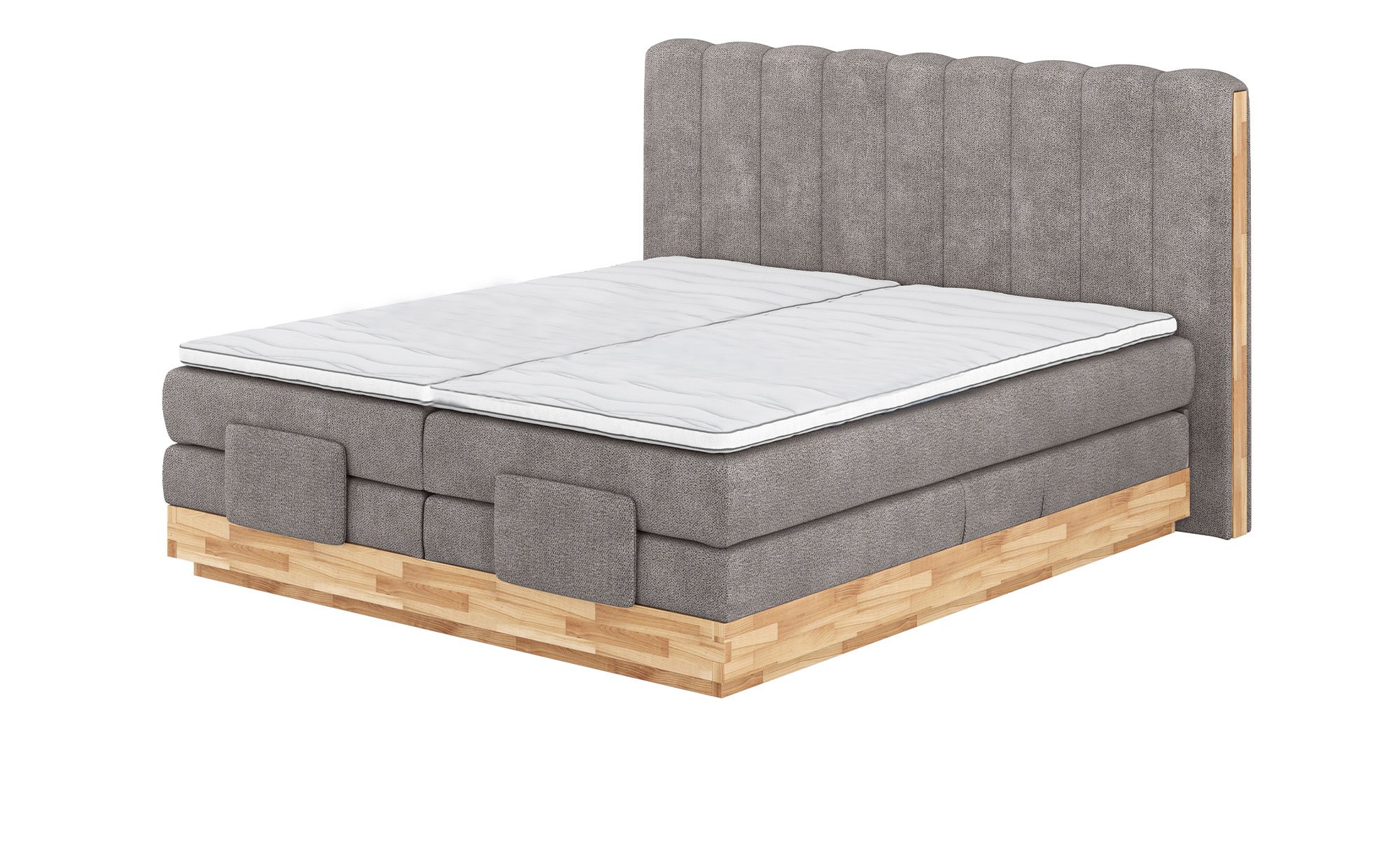Boxspringbett MONDO NATUR Incana in einem Stoffbezug in Taupe und einem Sichtholzrahmen in Eiche. 