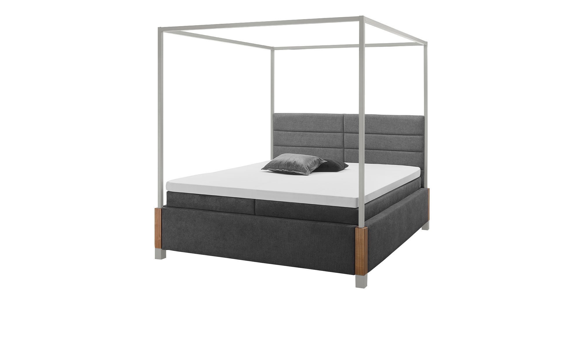 Basis-Himmelbett Musterring MyHeaven in einem Stoffbezug in Anthrazit, sowie ein Metallgestell in Hellgrau und Füße in Eiche