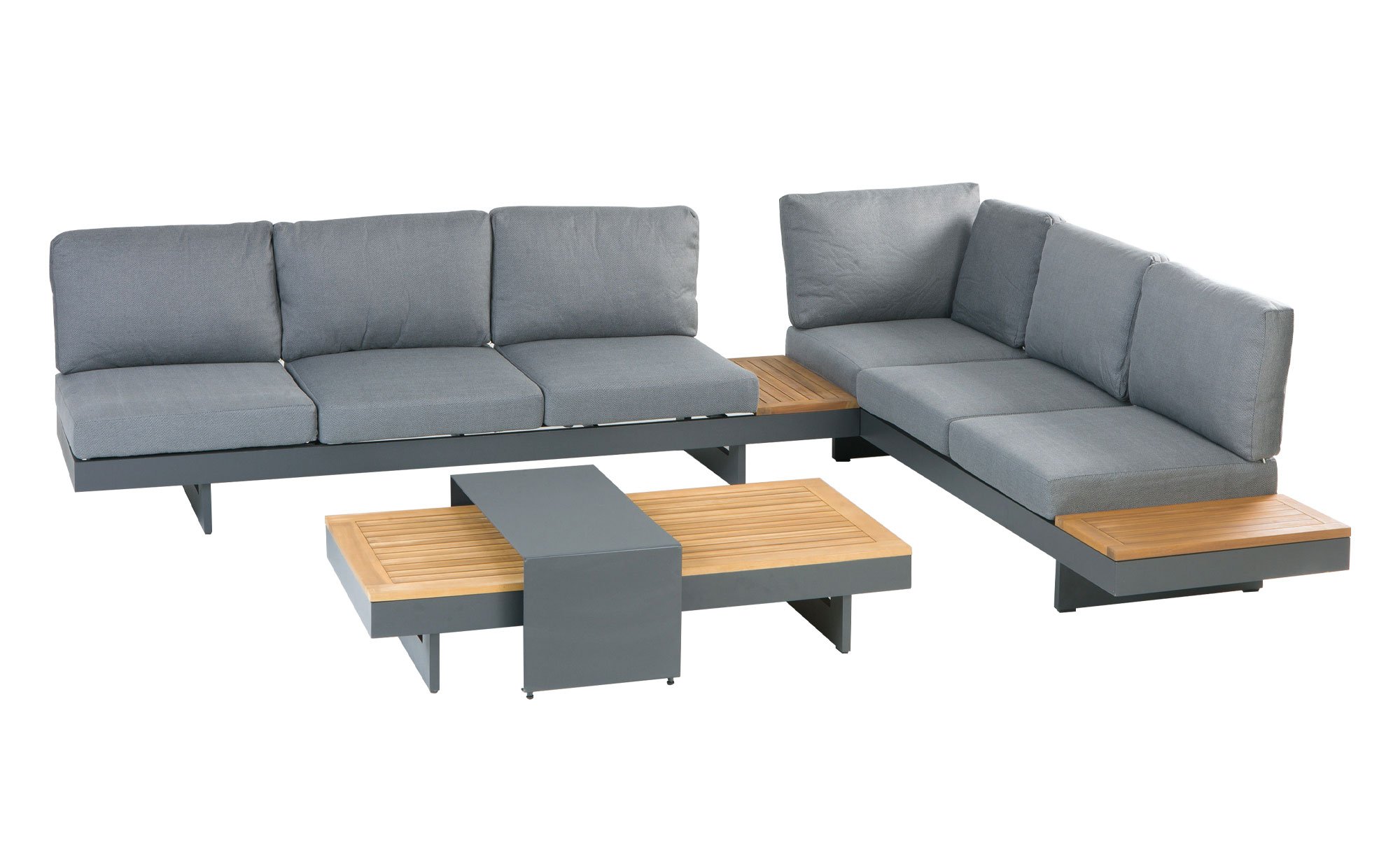 Lounge-Set Accra mit Tischplatten aus Akazienholz, Gestell in Anthrazit aus Aluminium und dunkelgrauen Polsterauflagen