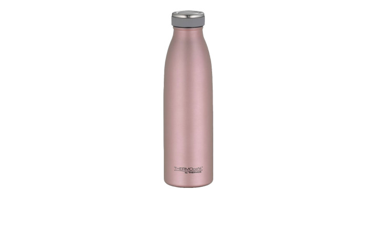 Die Thermos Isolierflasche TC 500 ml in Rosa mit grauem Deckel steht auf weißem Hintergrund.