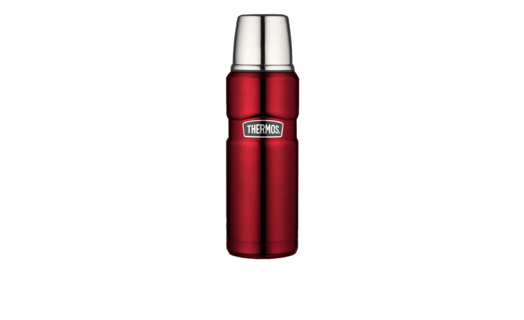Die Thermos Isolierflasche Stainless King 470 ml aus Edelstahl mit silbernem Deckel, isoliert auf weißem Hintergrund.