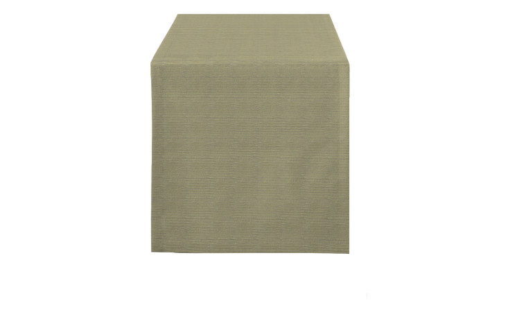 Ein Läufer 44 x 140 cm von Apelt in taupefarbenem Mischgewebe bedeckt einen rechteckigen Tisch, von der Stirnseite aus gesehen, auf weißem Hintergrund.