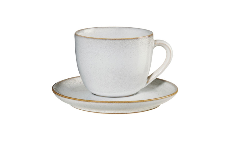 Eine weiße ASA Selection Cappuccinotasse mit Unterteller Saisons 230 ml steht auf einer passenden Untertasse vor weißem Hintergrund.