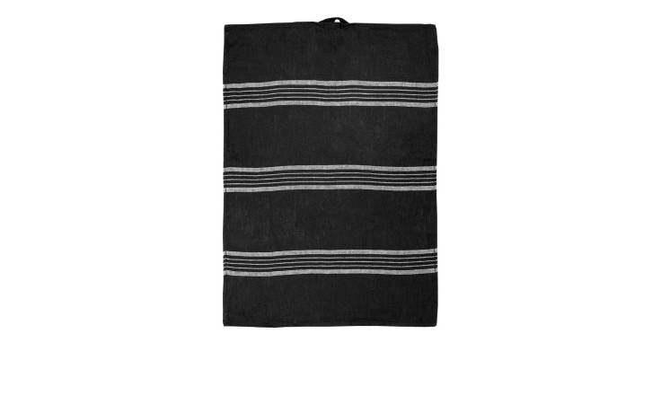 Ein schwarzes Geschirrtuch 50 x 70 cm aus Leinen mit grauen und weißen horizontalen Streifen.