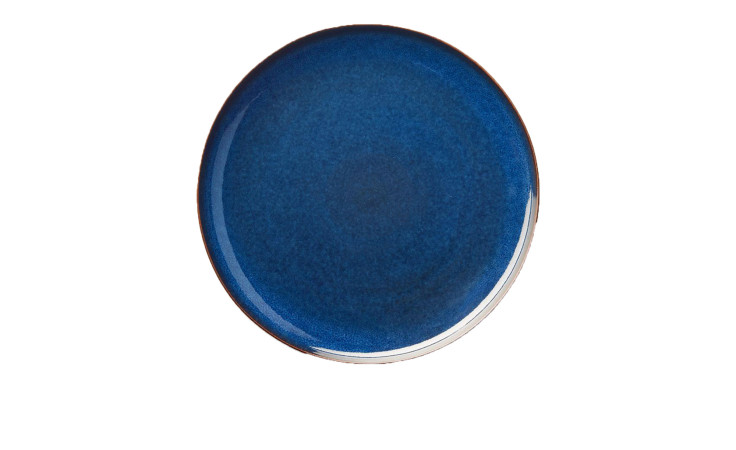 Ein runder, leerer, dunkelblauer ASA Selection Dessertteller Saisons 21 cm Teller mit Rand, fotografiert auf Weiß.