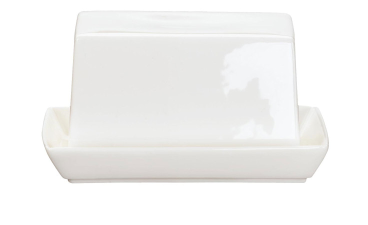 Die ASA Selection Butterdose à table 11 x 8,8 cm in Weiß aus feinem Knochenporzellan mit Deckel, abgebildet auf weißem Hintergrund.