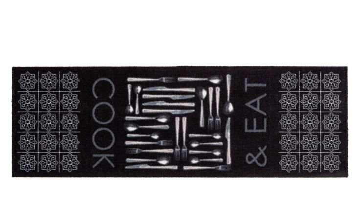 Astra Fußmatte Miabella 50x150 cm: Schwarzer Nylonteppich mit weißem Besteck, Bordüren und "COOK & EAT" an den Seiten.