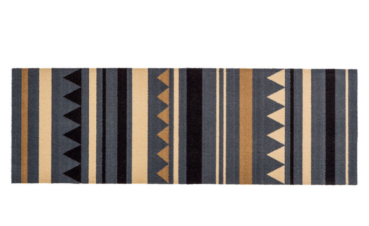 Astra Fußmatte Miabella 50x150 cm-Rechteckiger Nylonteppich mit grauen, schwarzen, beigen und goldenen geometrischen Dreiecken und Streifen.