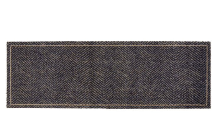 Astra Fußmatte Miabella 50 x 150 cm, dunkelgraues Nylon mit Fischgrätenmuster und dünnem beigen Rand.