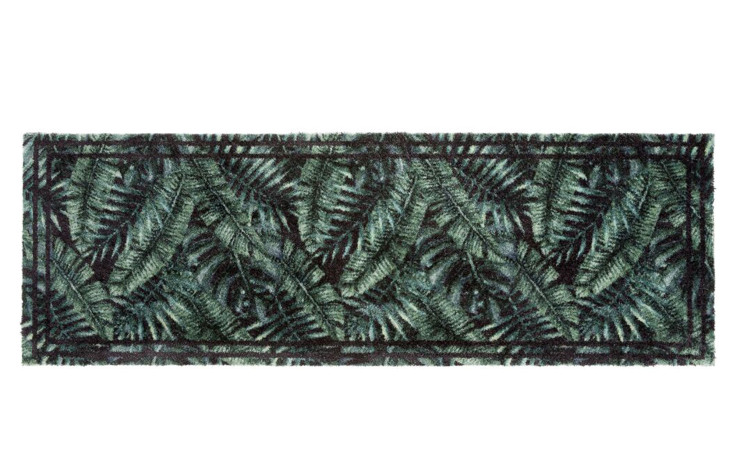 Astra Fußmatte Pure und Soft 50x150 cm in Grün mit Farnblattmuster und dunklem Rand.