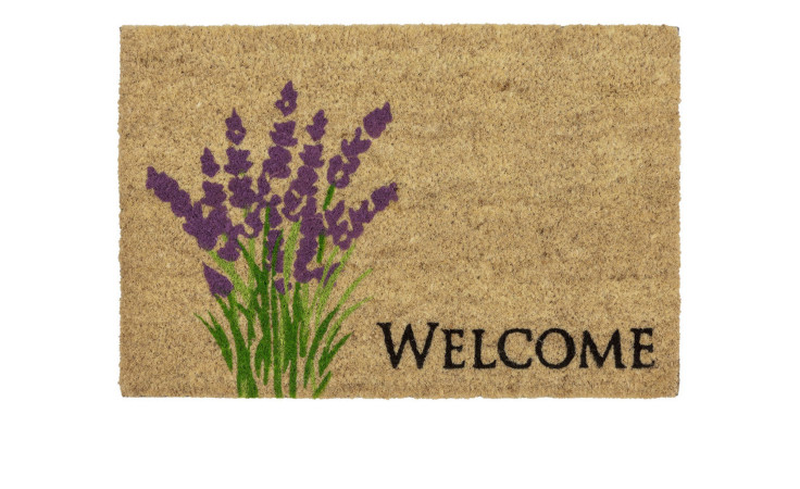 Astra Fußmatte Coco Style 40x60cm mit lila Lavendelblüten und schwarzem WELCOME auf naturfarbenem Grund.
