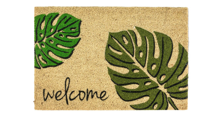 Astra Fußmatte Coco Style 40x60 cm aus Kokos, mit zwei grünen Monstera-Blättern und schwarzem "Welcome"-Schriftzug.