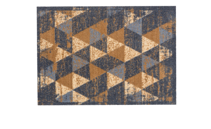 Astra Fußmatte Miabella 50x70 cm: Rechteckige Nylonmatte mit geometrischem Muster in Blau, Beige und Gold.