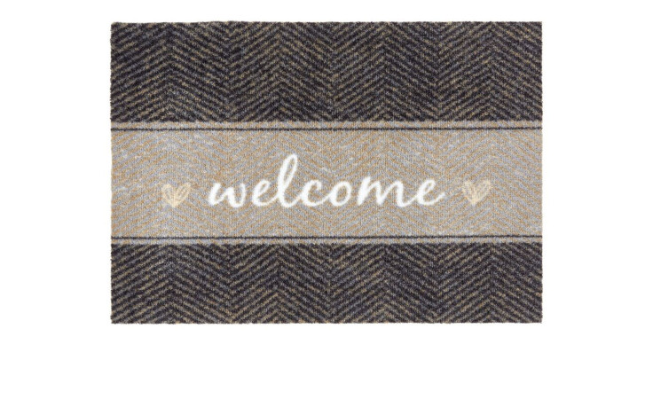 Astra Fußmatte Miabella 50x70 cm: grau, rechteckig, Chevronmuster, "welcome" in Weiß zentral.