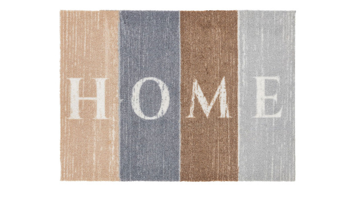 Astra Fußmatte Miabella 50x70 cm: graue Polyamid-Fußmatte mit vier Streifen und HOME in Weiß in der Mitte.