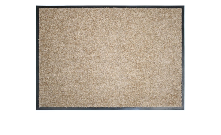 Astra Fußmatte Proper Tex 60 x 90 cm, beiges Nylon mit schwarzem Rand, von oben gesehen auf weißem Hintergrund.