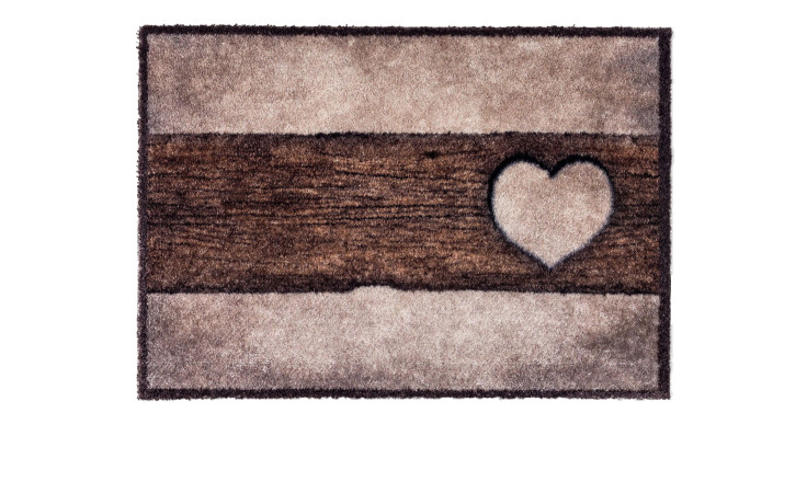 Astra Fußmatte Pure und Soft 50x70 cm, rechteckig, braun gestreift mit Herz rechts, auf weißem Hintergrund.