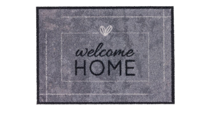 Astra Fußmatte Deco Brush 50x70 cm: Graue Polyamid-Fußmatte mit Herz und schwarzem "welcome HOME"-Text in der Mitte.