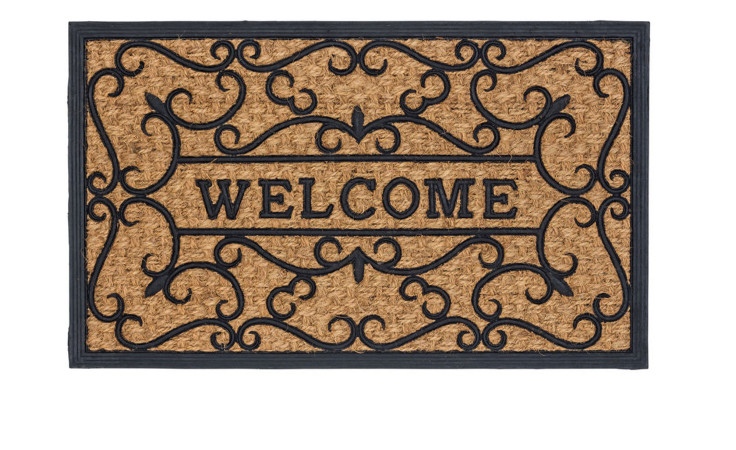 Die Astra Fußmatte Coco Deluxe Light 45 x 75 cm ist eine braune Fußmatte mit schwarzen Wirbeln und dem Text "WELCOME".