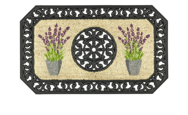Astra Fußmatte Coco Twin 45x75cm: Rechteckige Fußmatte, schwarzer Rand, Medaillon, lila Blumen, Naturmaterialen Kokos.