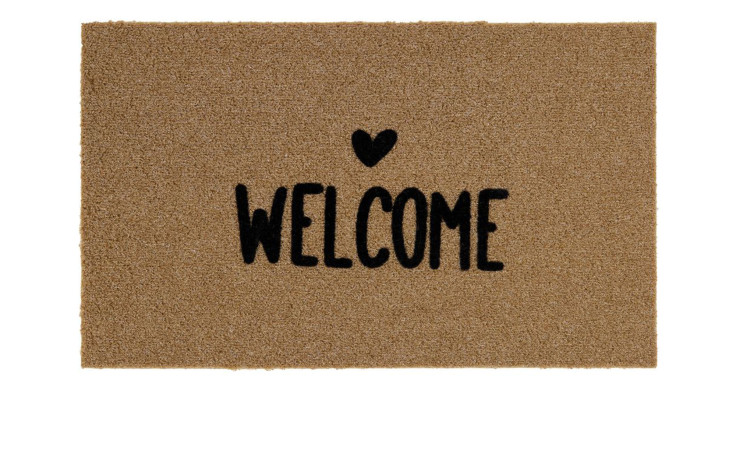 Eine Astra Fußmatte Power Flock 45x75 cm mit einem schwarzen Herz über dem fetten Großbuchstaben WELCOME aus Polyester.