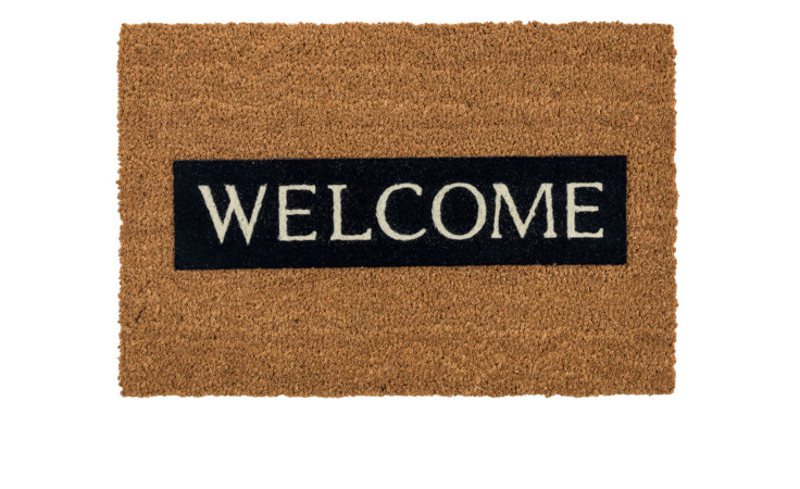 Astra Fußmatte Coco Design 40x60 cm aus Kokos, braun mit schwarzem Rechteck und weißem WELCOME-Schriftzug.