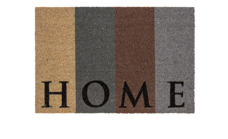 Die Astra Fußmatte Coco Style 40 x 60 cm ist mehrfarbig mit HOME in schwarzer Schrift und vier Farbblöcken aus Kokos.