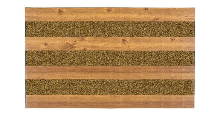 Astra Fußmatte Scraper Design, 45 x 75 cm, mit brauner Holzoptik und strukturierten hellbraunen Streifen auf Weiß.