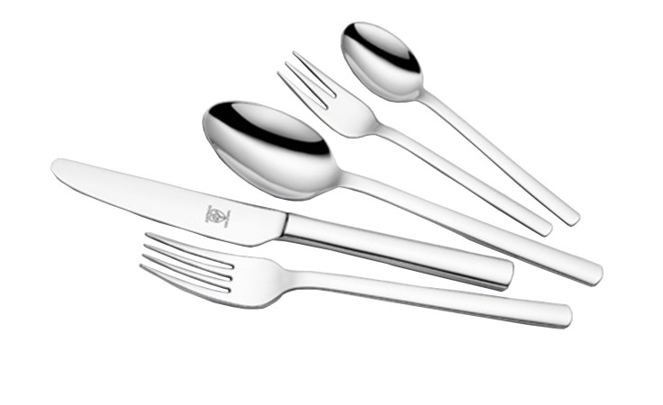 Justinus Bestecke Besteck-Set Alpha 60-tlg.: fünf silberfarbene Teile (2 Gabeln, 2 Löffel, 1 Messer) auf Weiß.