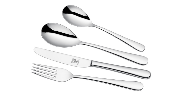 Das Kinderbesteck Aventus von Justinus Bestecke: 4-teiliges Silberbesteck auf weißem Grund.