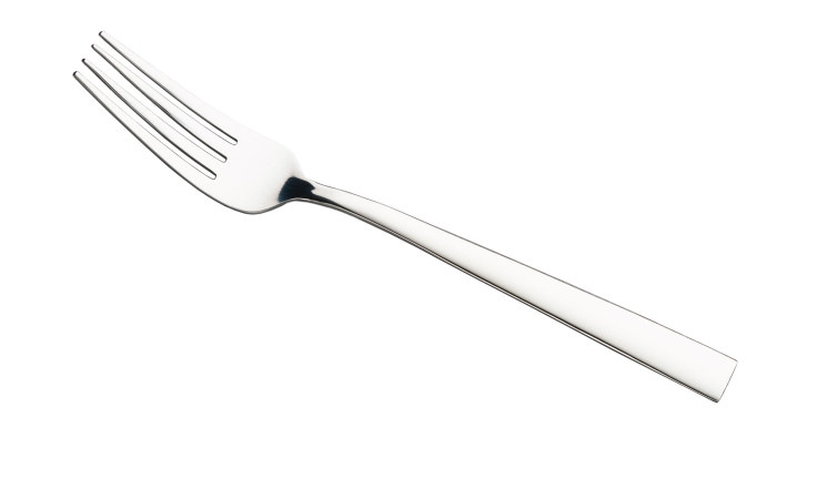 Die Menügabel Fusion von Justinus Bestecke ist eine silberfarbene Edelstahlgabel mit vier Zinken.