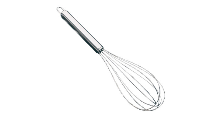 Die Justinus Bestecke Schneebesen ProfiLine, silberfarben mit Metallgriff, vor weißem Hintergrund.