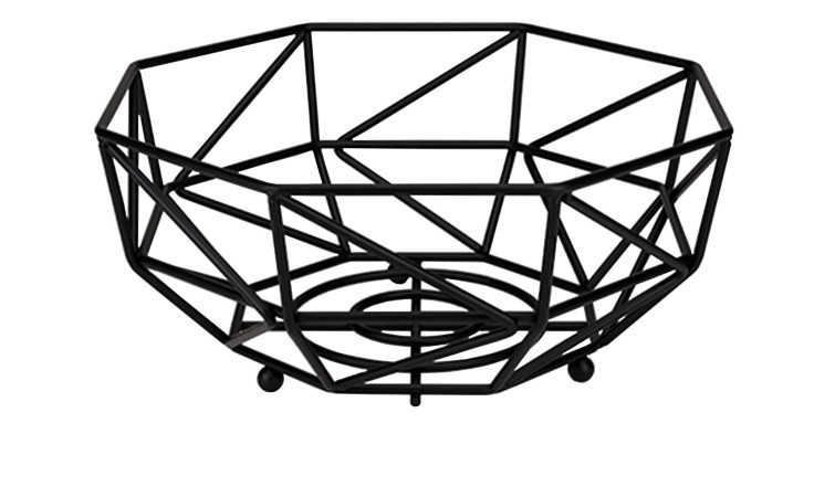 Obst-/Dekokorb LifeStyle von Justinus Bestecke: schwarze geometrische Obstschale aus Draht, mattiert, runder Sockel, Vorderansicht.