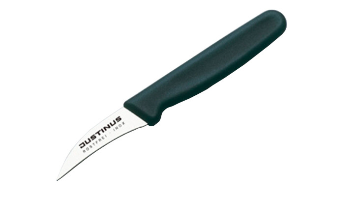 Das Justinus Bestecke Küchenmesser FineCut ist ein kleines Schälmesser mit einer gebogenen Metallklinge und einem schwarzen Kunststoffgriff.