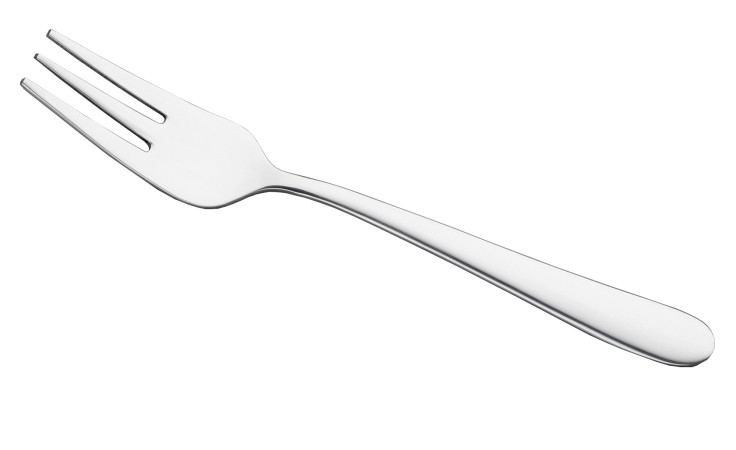 Die Kuchengabel Opal von Justinus Bestecke, eine silberglänzende Edelstahlgabel, ruht auf einem weißen Hintergrund.