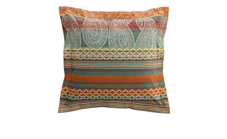Bassetti Satin-Kissenhülle Tiziano 40 x 40 cm mit mehrfarbigen Streifen und dekorativen Mustern in Orange, Grün, Beige, Blau.