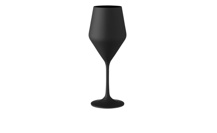 Weinkelch Jane 460 ml, matt schwarz Glas, 23 cm hoch, modernes minimalistisches Design auf weißem Hintergrund.