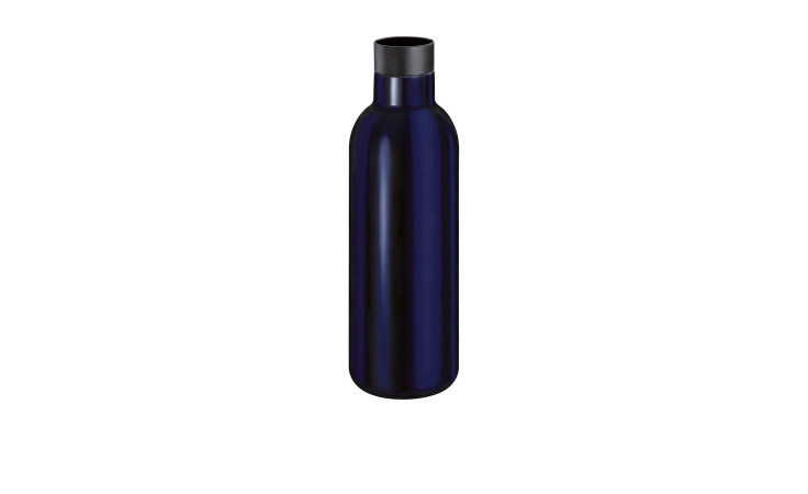 Die Isoliertrinkflasche Deluxe 650 ml, 24 cm, dunkelblau Edelstahl mit schwarzem Deckel auf weißem Grund.