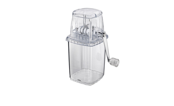 Ice Crusher Basic: manueller Eiscrusher mit Handkurbel und durchsichtigem Behälter zum Auffangen von zerstoßenem Eis.