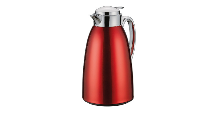 Rot-silberne Isolierkanne Venezia 1 l, Edelstahl mit Henkel, 14 cm breit, 27 cm hoch, isoliert auf weiß.