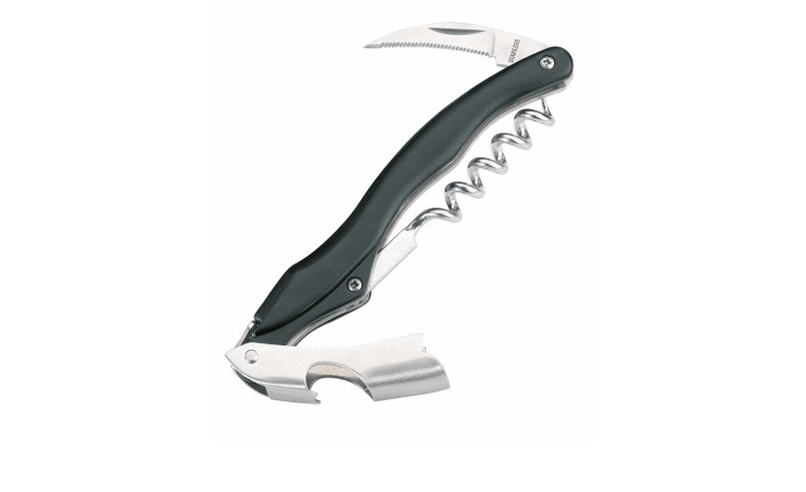 Das GEFU Kellnermesser Cameri verfügt über einen Korkenzieher, einen Kunststoffgriff, einen Flaschenöffner und ein gezacktes Messer.