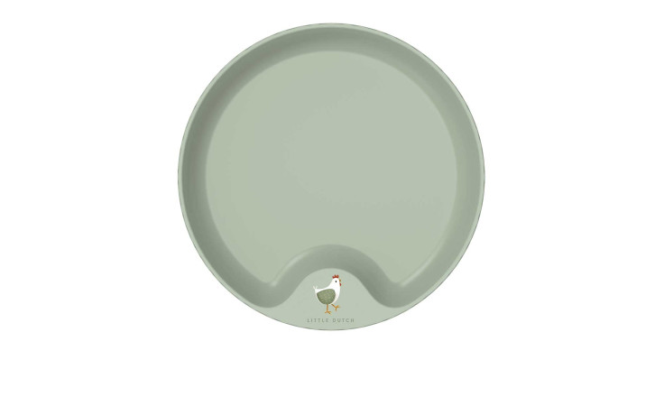 Grüner Kinderteller Mio 10 Little Farm (22 cm) von Mepal mit Huhn-Motiv und Little Dutch-Schriftzug.
