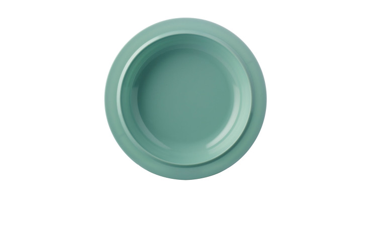 Ein runder, leerer Mepal Suppenteller 19,2 cm in grün, Keramik, Ansicht von oben auf weißem Hintergrund.