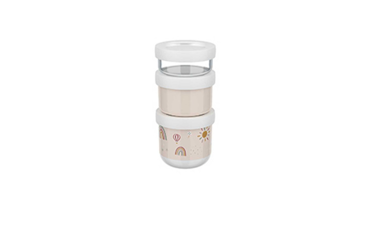 Mepal Snackbox Mio Sunshine & Rainbow 3-llg: beige und weiß, runder, stapelbarer Behälter mit drei Fächern.