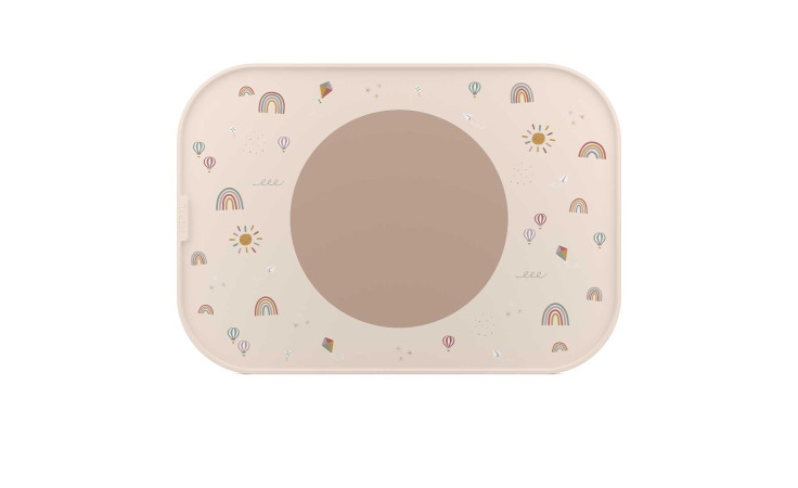 Das Mepal Tischset Mio Sunshine & Rainbow 42 cm ist ein beigefarbenes Tablett mit zentralem Kreis, Regenbögen, Sonnen und Luftballons.