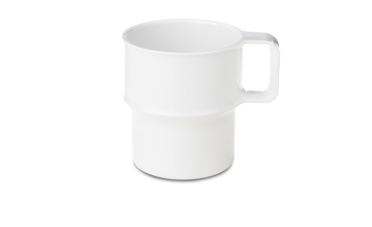 Ein weißer Mepal Henkelbecher 280 ml mit Henkel, abgebildet auf weißem Hintergrund.